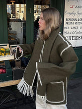 Aurohaya Women's Wool Felt Coat with Fringe Scarf Collar and Button Closure Elegant Casual Jacket
